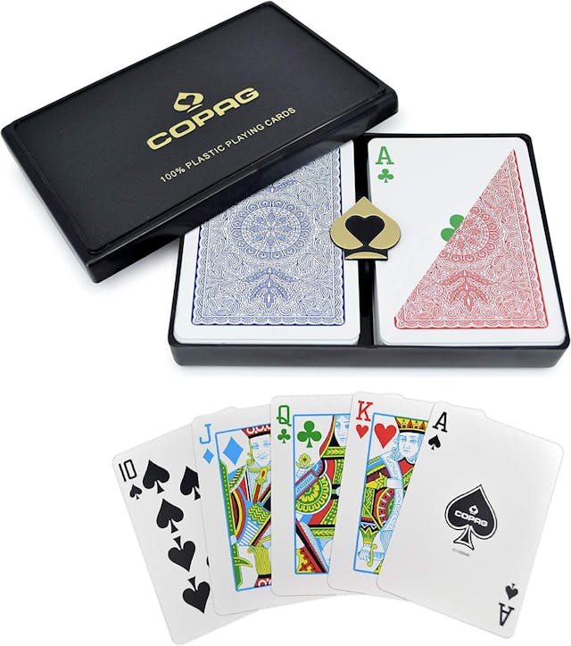 Copag 4-Color Design 100% Plastic Playing Cards, Poker Size Regular Index Red/Blue Double Deck Set